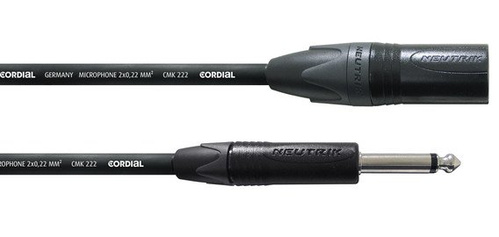 CORDIAL CRM 10 MP - Микрофонный кабель XLR male/моно джек 6,3 мм, разъемы Neutrik, 10,0 м, черный